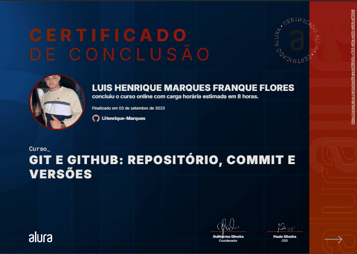 Certificado: Git e GitHub: repositório, commit e versões