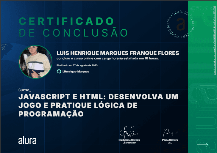 Certificado: JavaScript e HTML: desenvolva um jogo e pratique lógica de programação